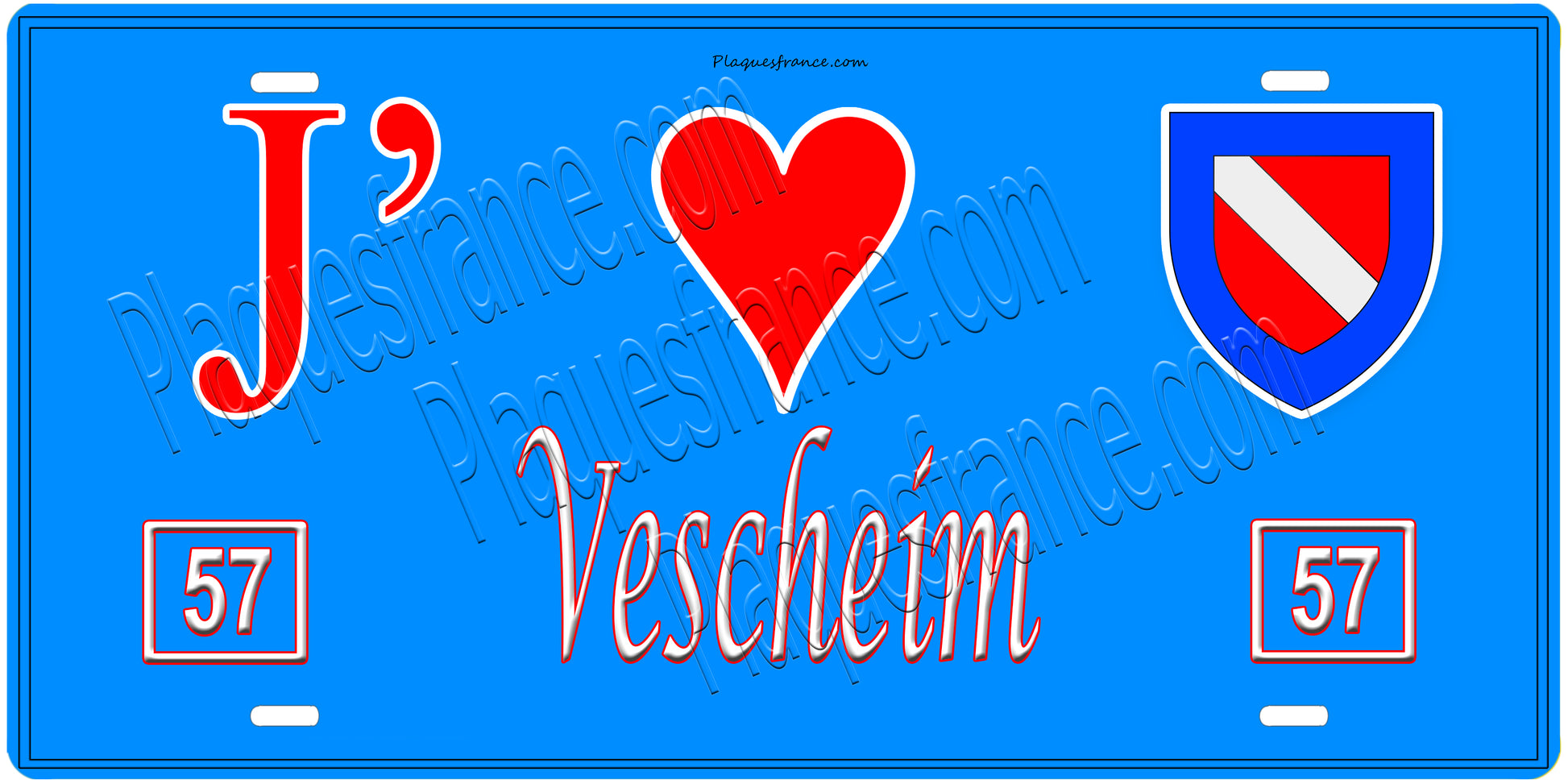 Plaque métal décorative, J'❤️Vescheim, Moselle, fond mur bleu 57