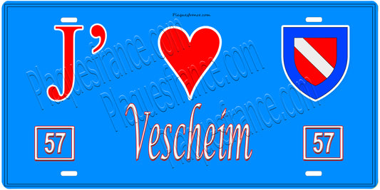 Plaque métal décorative, J'❤️Vescheim, Moselle, fond mur bleu 57