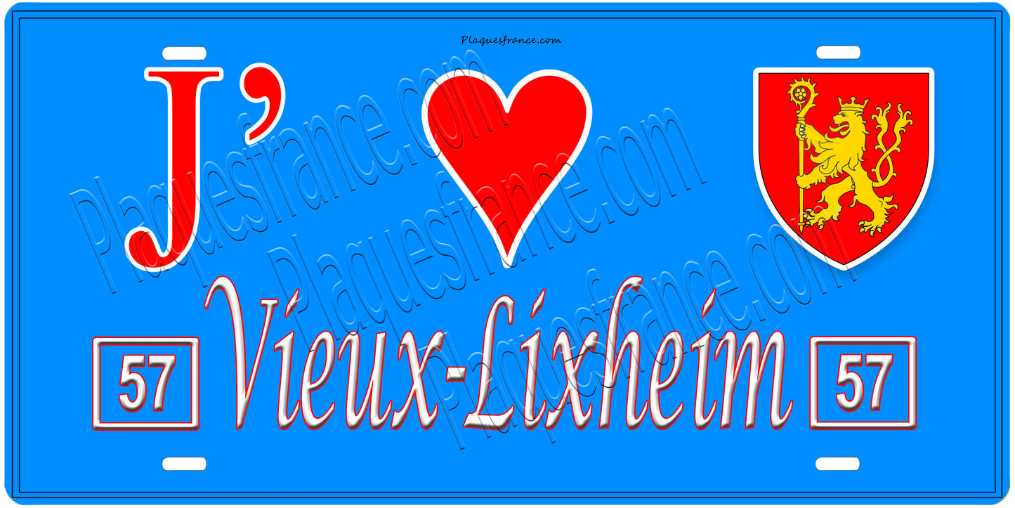 Plaque métal décorative, J'❤️Vieux-Lixheim, Moselle, fond mur bleu 57