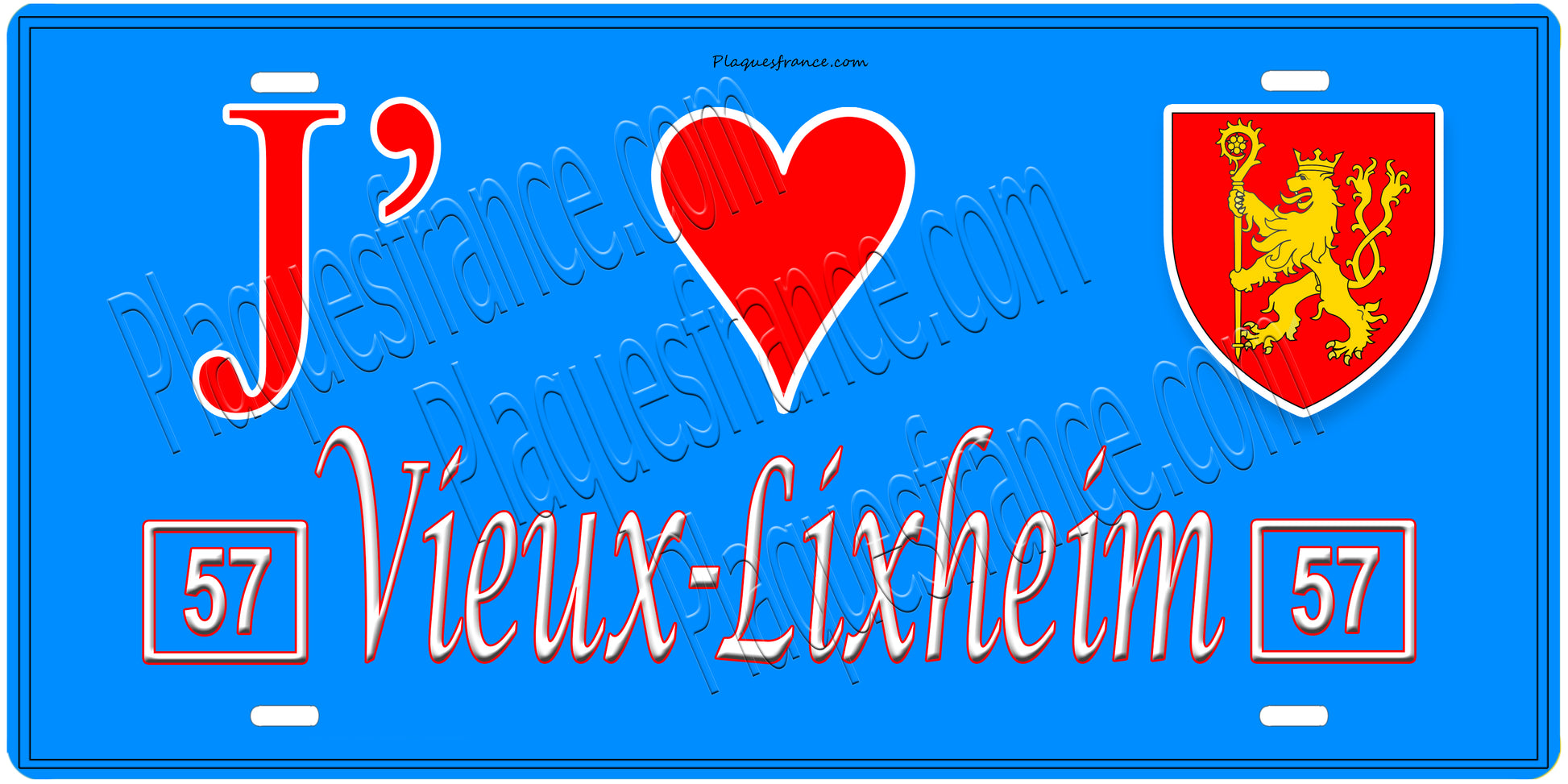Plaque métal décorative, J'❤️Vieux-Lixheim, Moselle, fond mur bleu 57