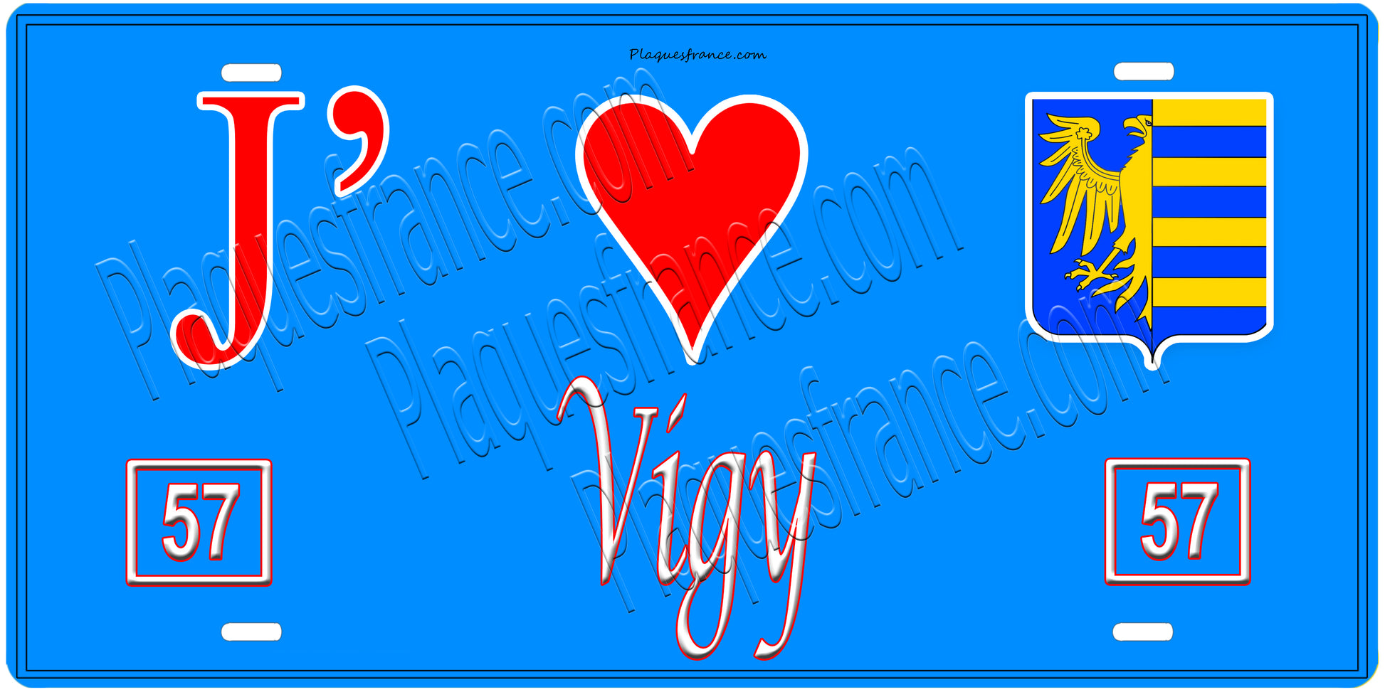Plaque métal décorative, J'❤️Vigy, Moselle, fond mur bleu 57