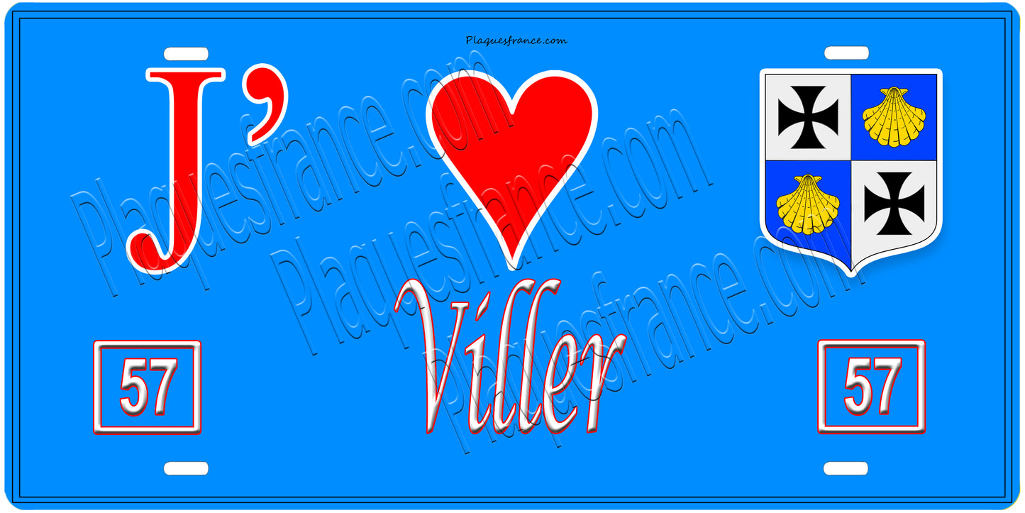 Plaque métal décorative, J'❤️Viller, Moselle, fond mur bleu 57