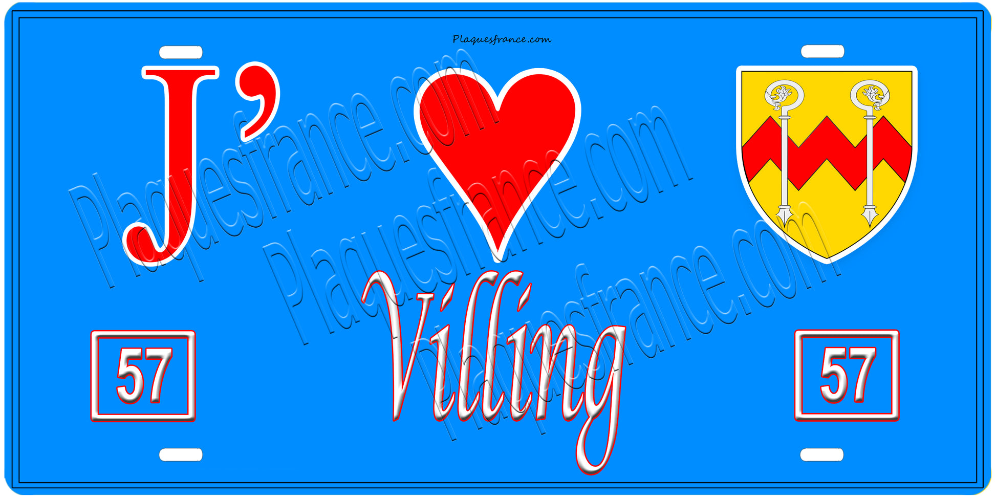 Plaque métal décorative, J'❤️ Villing, Moselle, fond mur bleu 57