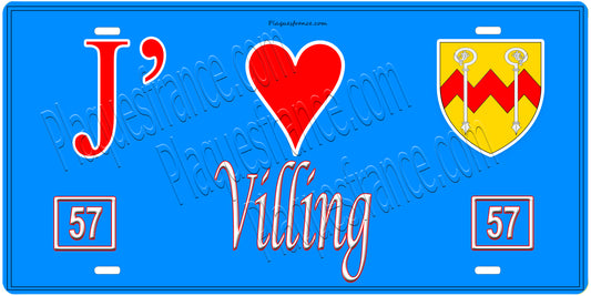 Plaque métal décorative, J'❤️ Villing, Moselle, fond mur bleu 57