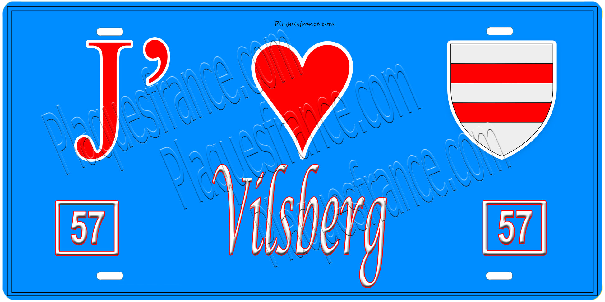 Plaque métal décorative, J'❤️Vilsberg, Moselle, fond mur bleu 57