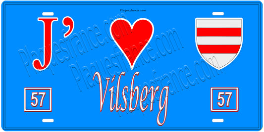 Plaque métal décorative, J'❤️Vilsberg, Moselle, fond mur bleu 57