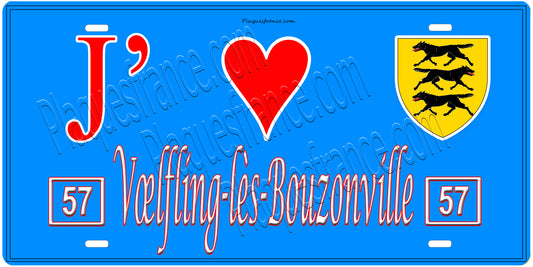 Plaque métal décorative, J'❤️ Vœlfling-lès-Bouzonville, Moselle, fond mur bleu 57