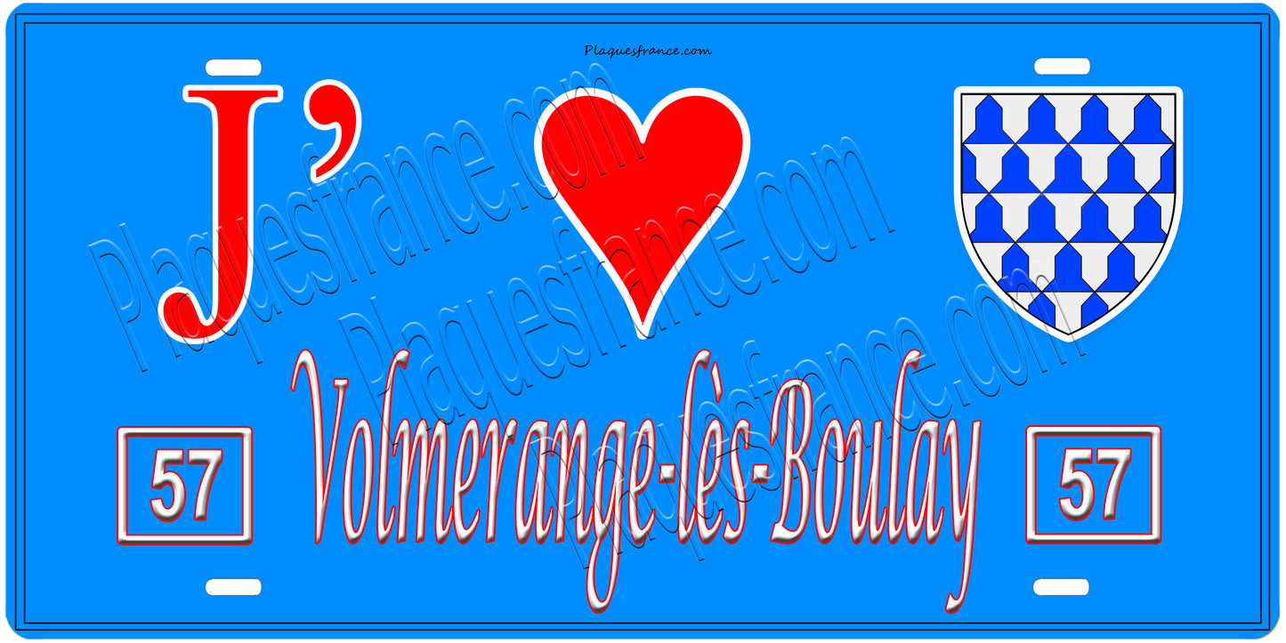 Plaque métal décorative, J'❤️ Volmerange-lès-Boulay, Moselle, fond mur bleu 57