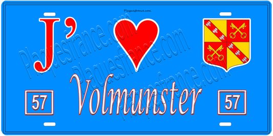 Plaque métal décorative, J'❤️ Volmunster, Moselle, fond mur bleu 57