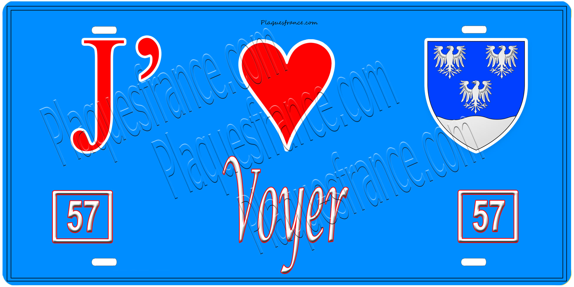 Plaque métal décorative, J'❤️Voyer, Moselle, fond mur bleu 57