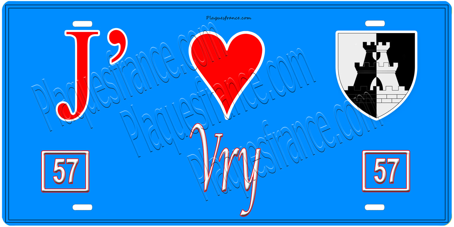 Plaque métal décorative, J'❤️Vry, Moselle, fond mur bleu 57