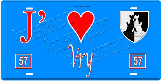 Plaque métal décorative, J'❤️Vry, Moselle, fond mur bleu 57