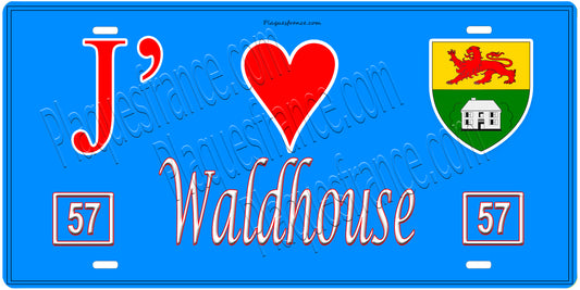 Plaque métal décorative, J'❤️ Waldhouse, Moselle, fond mur bleu 57