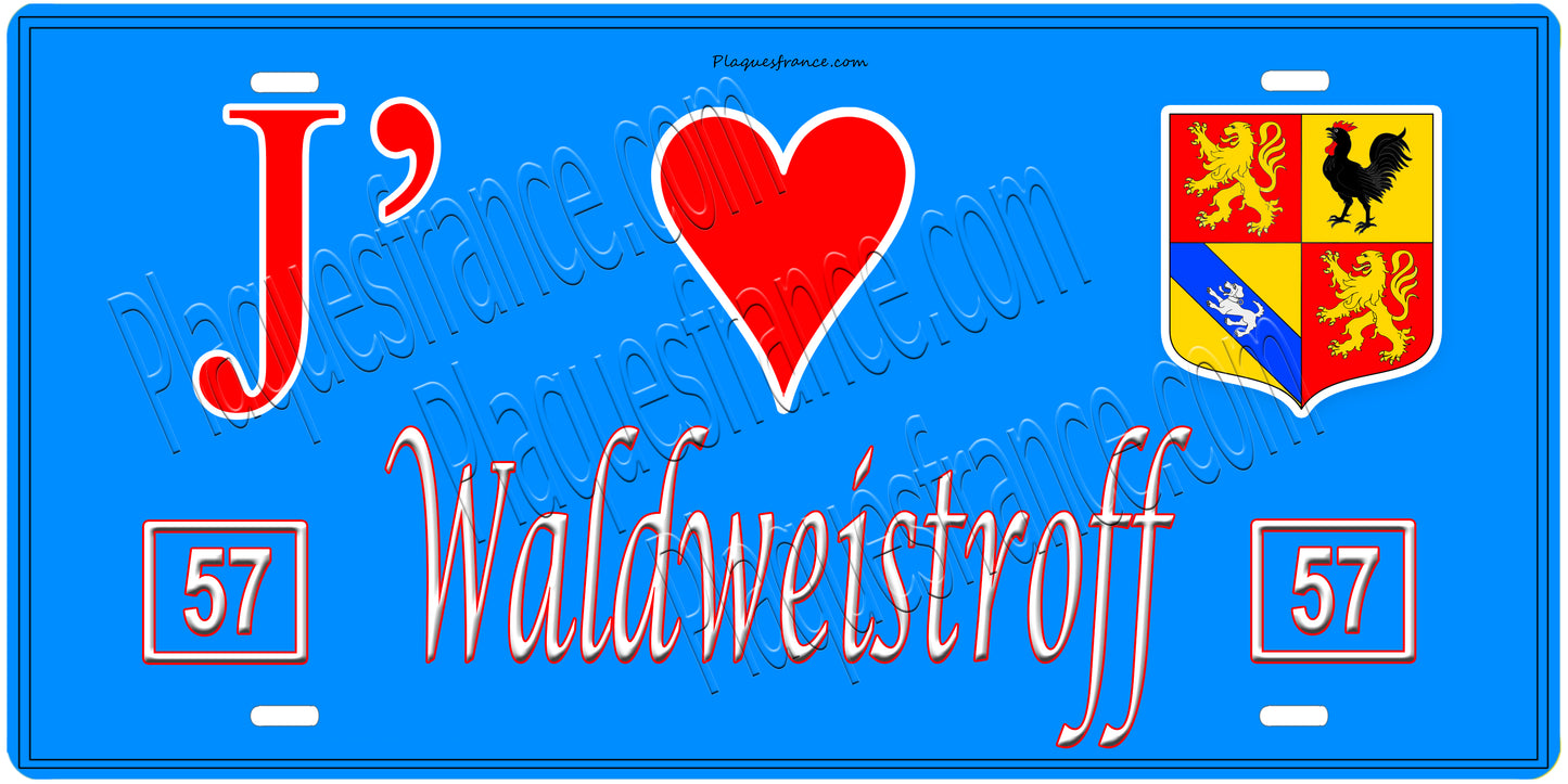 Plaque métal décorative, J'❤️ Waldweistroff, Moselle, fond mur bleu 57