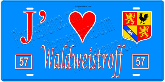 Plaque métal décorative, J'❤️ Waldweistroff, Moselle, fond mur bleu 57