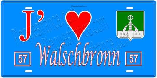 Plaque métal décorative, J'❤️ Walschbronn, Moselle, fond mur bleu 57