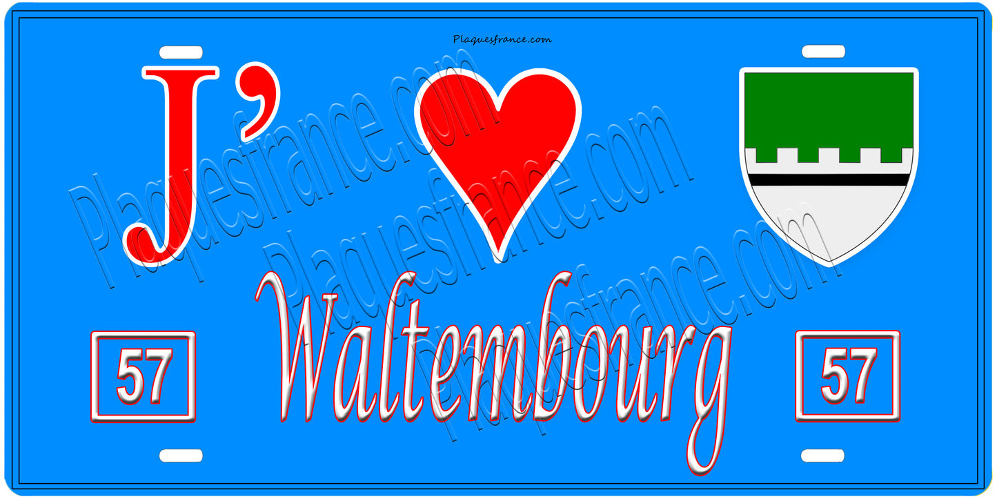 Plaque métal décorative, J'❤️Waltembourg, Moselle, fond mur bleu 57