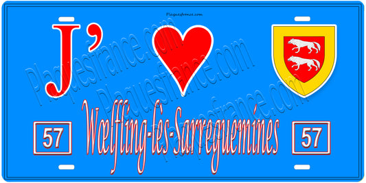 Plaque métal décorative,J'❤️Wœlfling-lès-Sarreguemines, Moselle, fond mur bleu 57, Wœlfling-lès-Sarreguemines