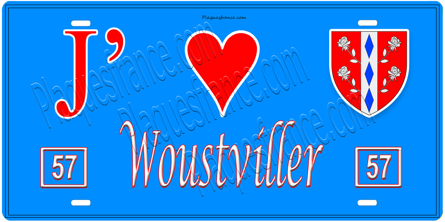 Plaque métal décorative, J'❤️Woustviller, Moselle, fond mur bleu 57