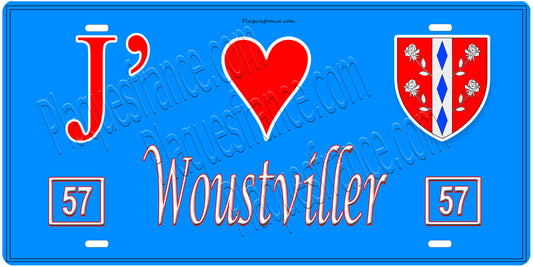 Plaque métal décorative, J'❤️Woustviller, Moselle, fond mur bleu 57