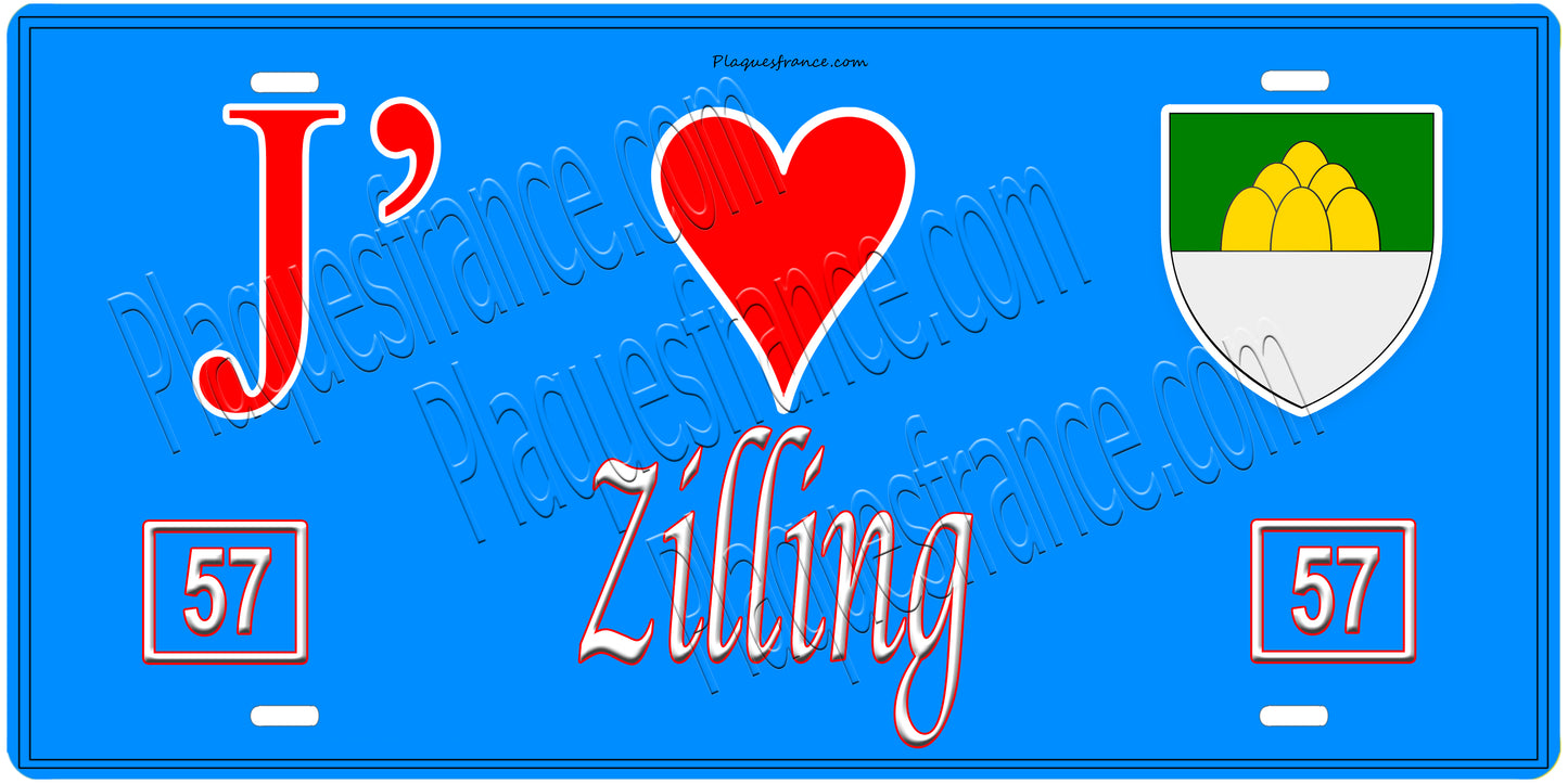 Plaque métal décorative, J'❤️Zilling, Moselle, fond mur bleu 57