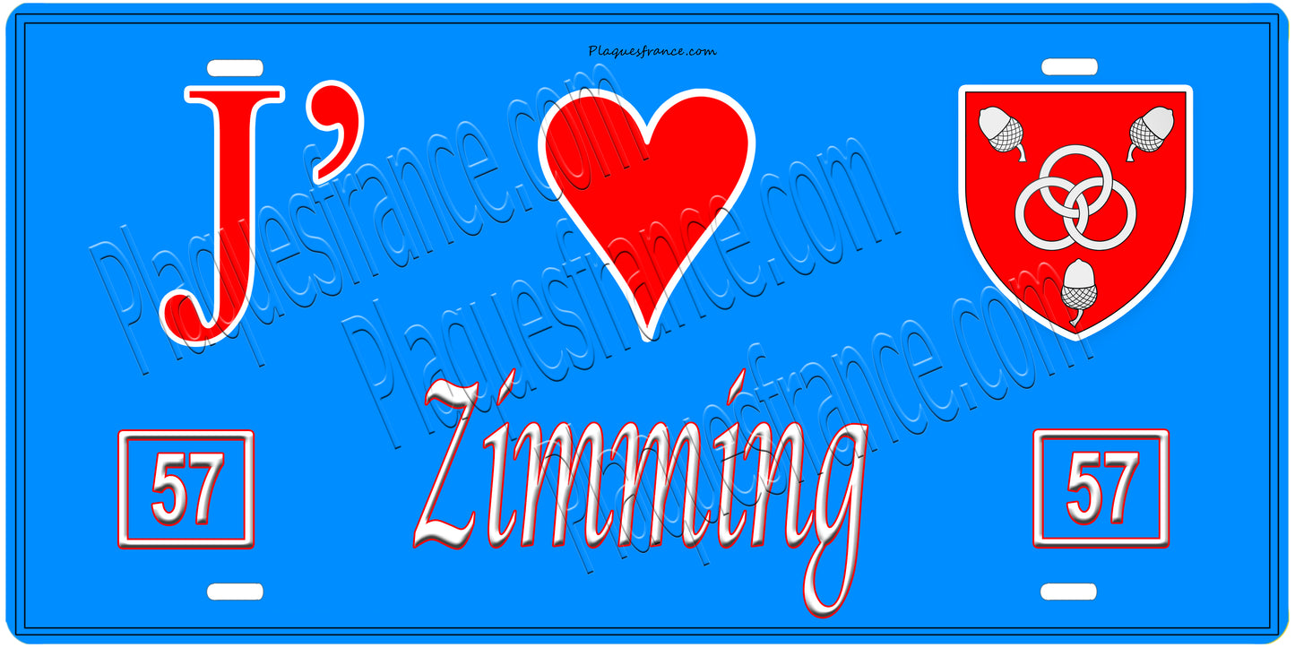 Plaque métal décorative, J'❤️ Zimming, Moselle, fond mur bleu 57