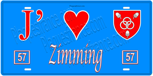 Plaque métal décorative, J'❤️ Zimming, Moselle, fond mur bleu 57