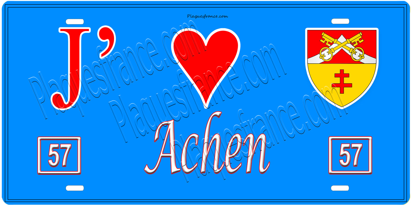 Plaque métal décorative, J' ❤️Achen, Moselle, fond  mur bleu 57