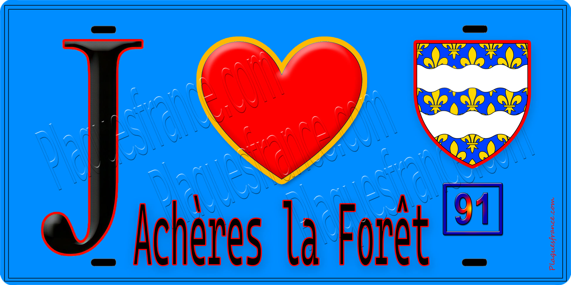 Plaque métal décorative  J' ❤️Achères-la-Forêt, Seine et Mrne (77) fond bleu