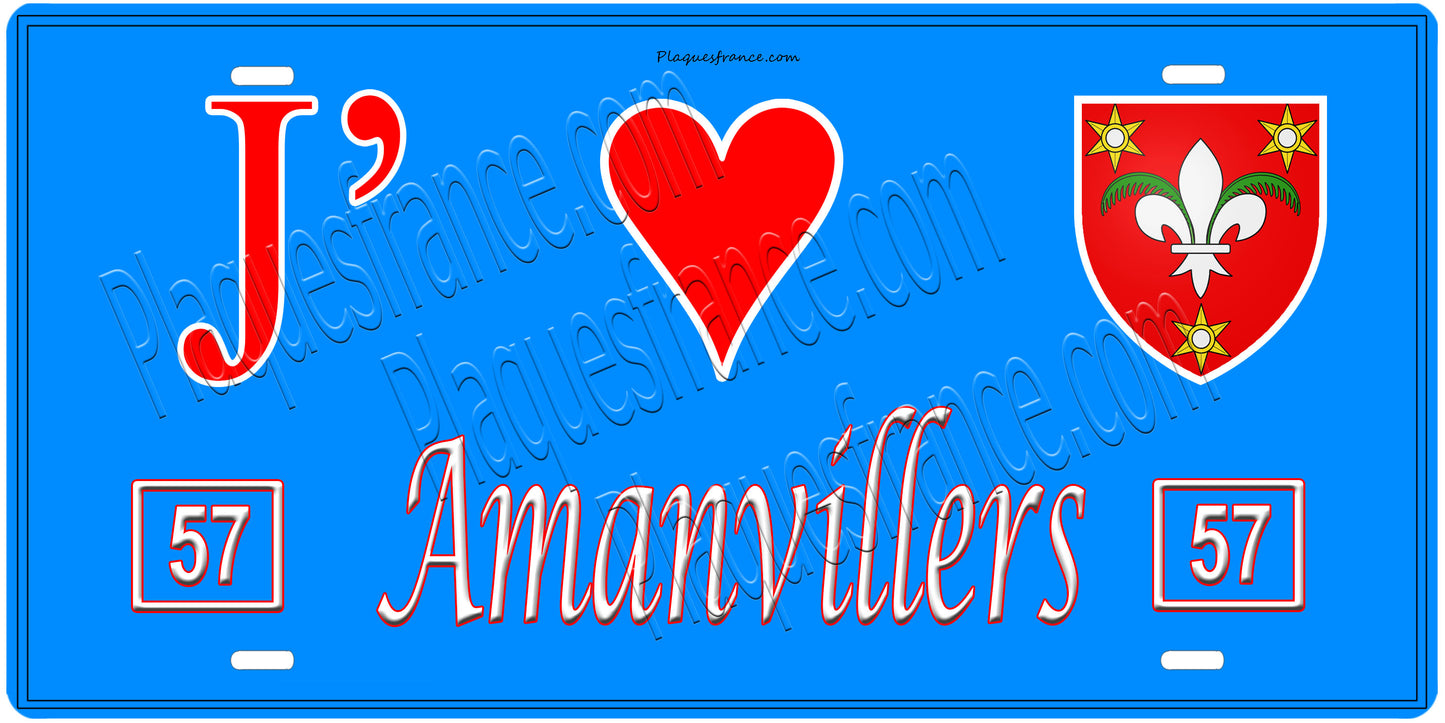 Plaque métal décorative, J' ❤️Amanvillers, fond  mur bleu carte