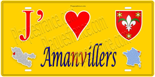 Plaque métal décorative, J' ❤️Amanvillers, Moselle, fond  mur jaune carte