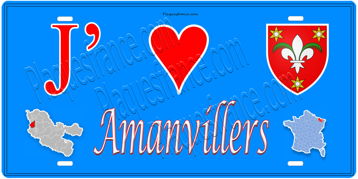 Plaque métal décorative, J' ❤️Amanvillers, fond  mur bleu carte