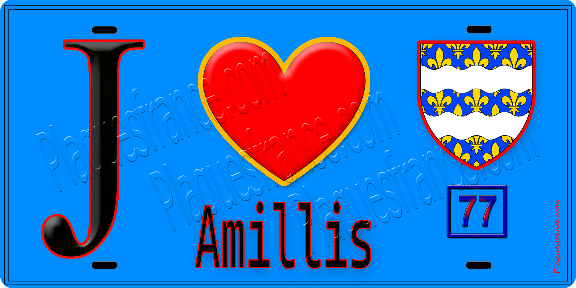 Plaque métal décorative  J' ❤️Amillis, Seine et Mrne (77) fond bleu