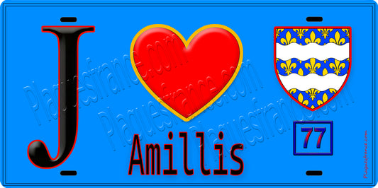 Plaque métal décorative  J' ❤️Amillis, Seine et Mrne (77) fond bleu