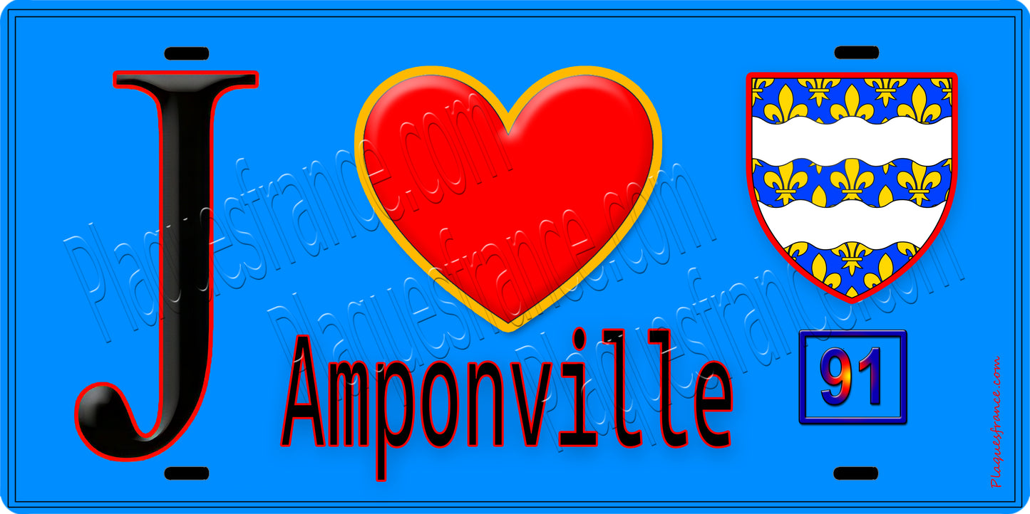 Plaque métal décorative  J' ❤️Amponville, Seine et Mrne (77) fond bleu