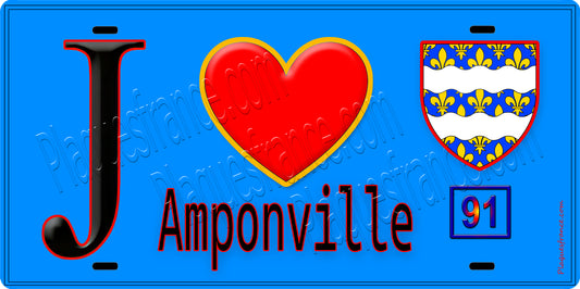 Plaque métal décorative  J' ❤️Amponville, Seine et Mrne (77) fond bleu