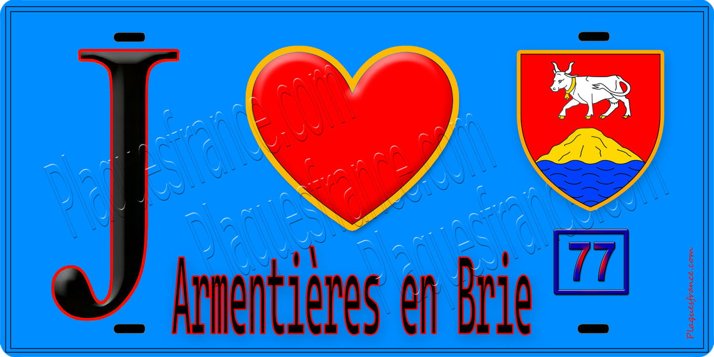 Plaque métal décorative  J' ❤️Armentières-en-Brie, Seine et Mrne (77) fond bleu