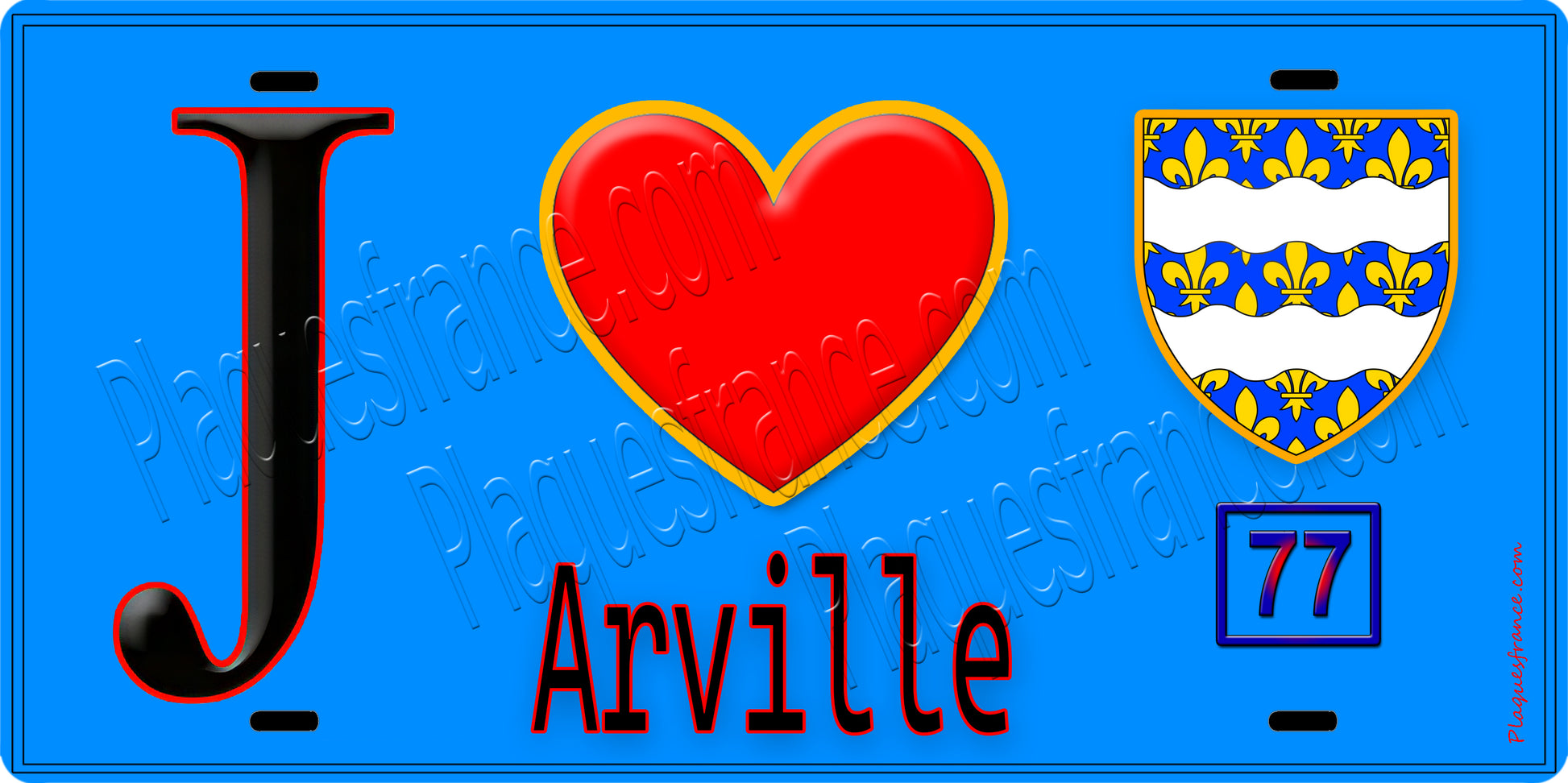 Plaque métal décorative  J' ❤️Arville, Seine et Mrne (77) fond bleu
