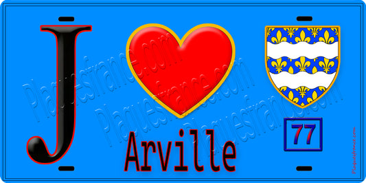 Plaque métal décorative  J' ❤️Arville, Seine et Mrne (77) fond bleu