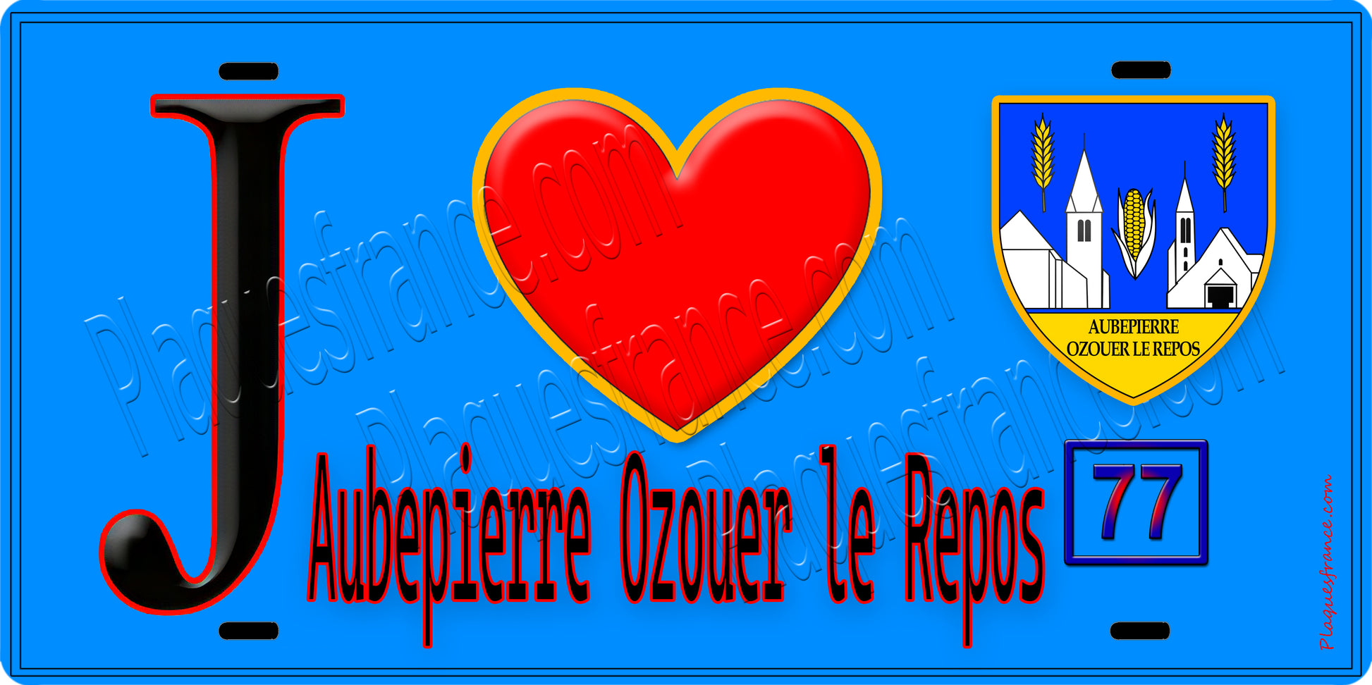 Plaque métal décorative  J' ❤️Aubepierre-Ozouer-le-Repos, Seine et Mrne (77) fond bleu