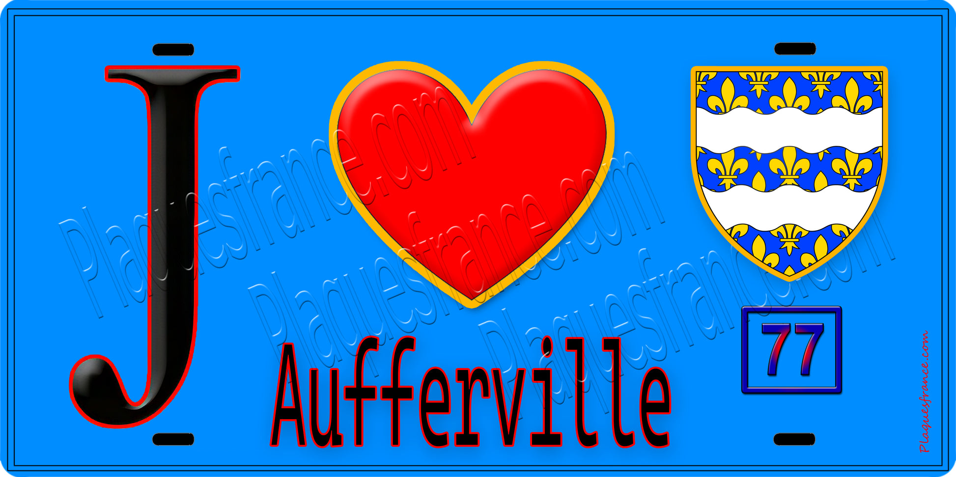 Plaque métal décorative  J' ❤️Aufferville, Seine et Mrne (77) fond bleu