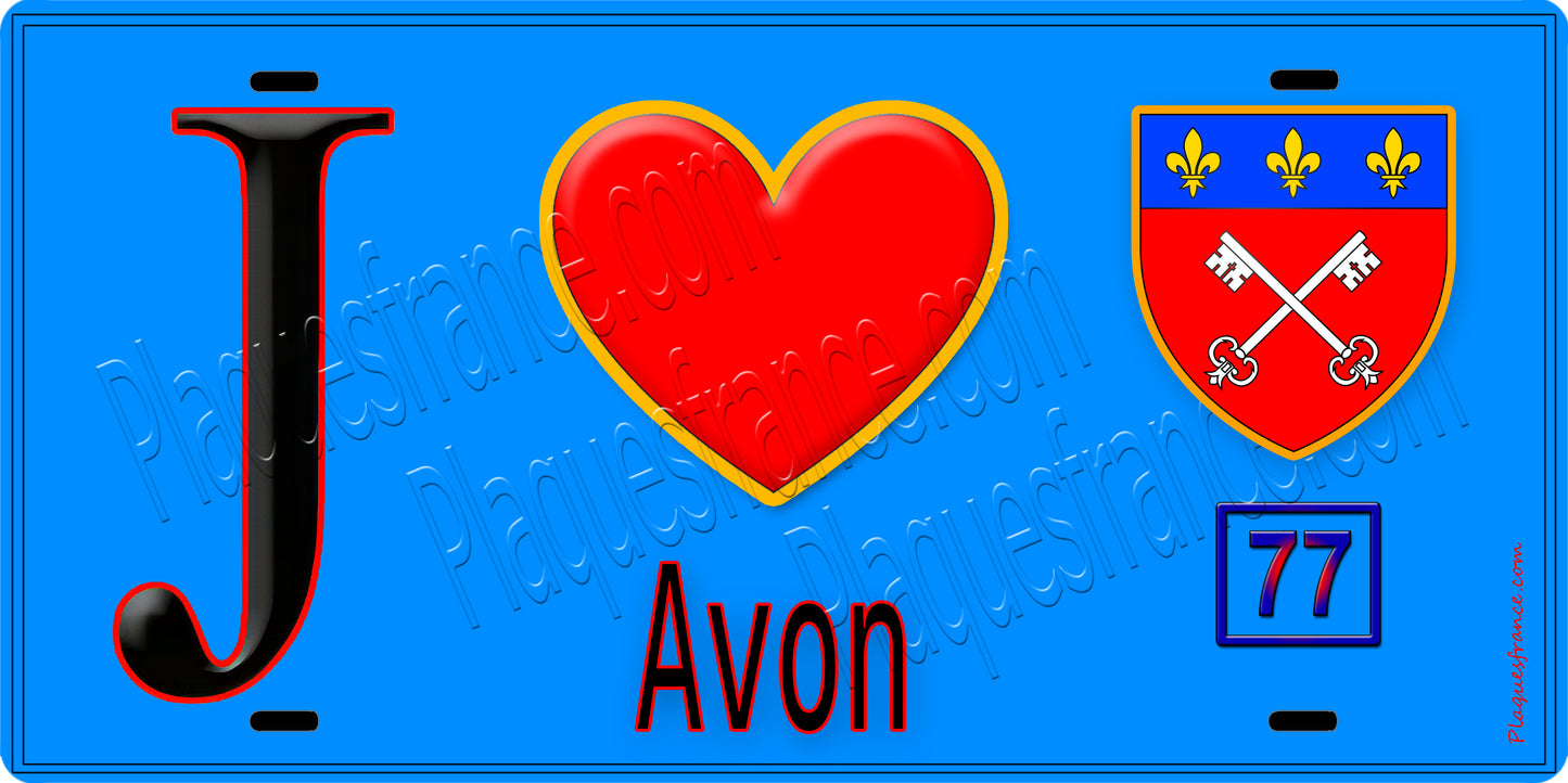 Plaque métal décorative  J' ❤️Avon, Seine et Mrne (77) fond bleu