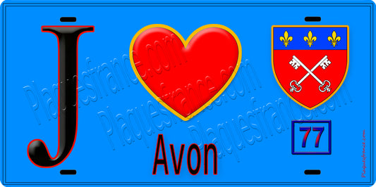 Plaque métal décorative  J' ❤️Avon, Seine et Mrne (77) fond bleu