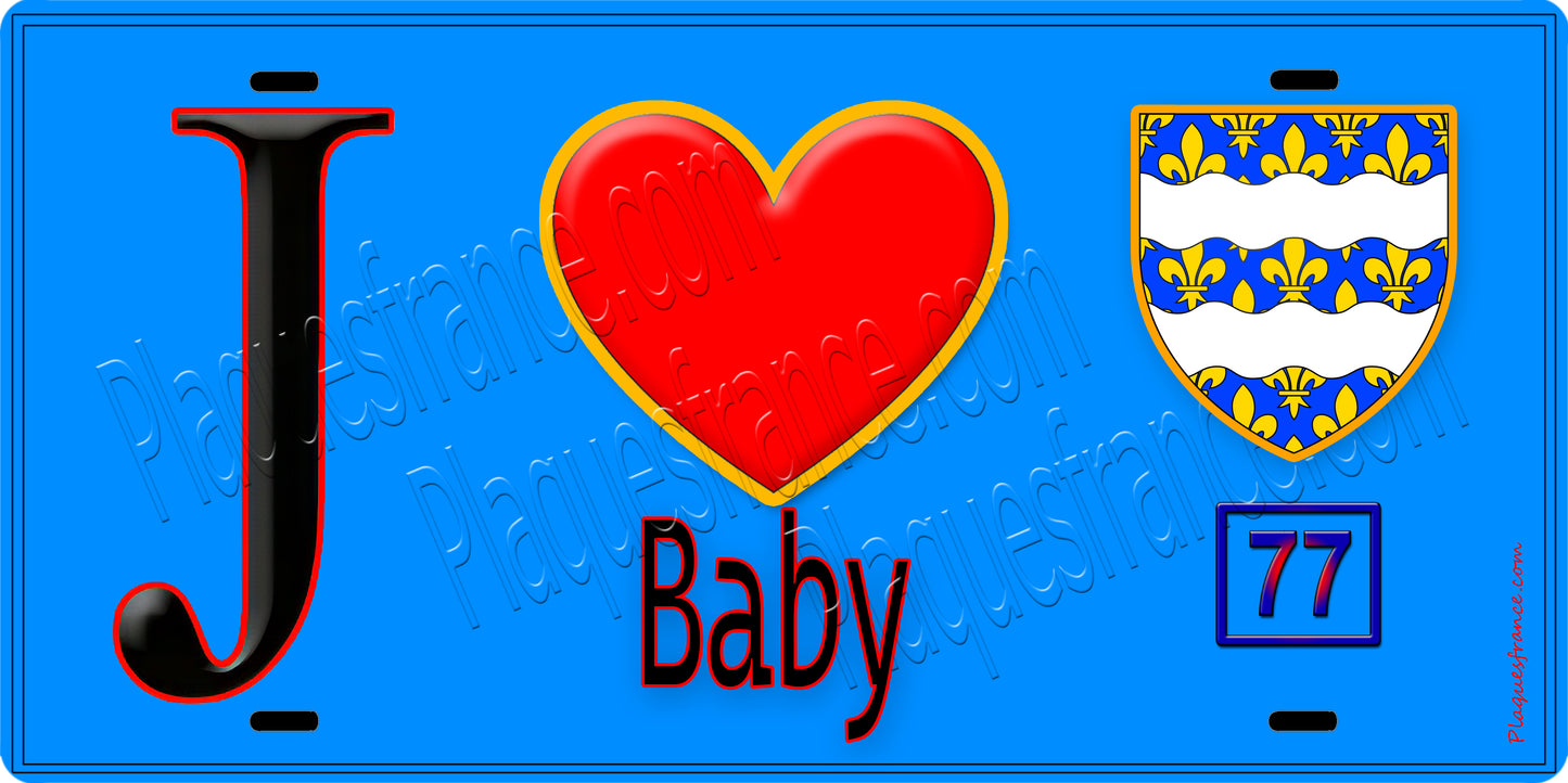 Plaque métal décorative  J' ❤️Baby, Seine et Mrne (77) fond bleu