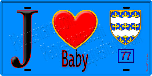 Plaque métal décorative  J' ❤️Baby, Seine et Mrne (77) fond bleu