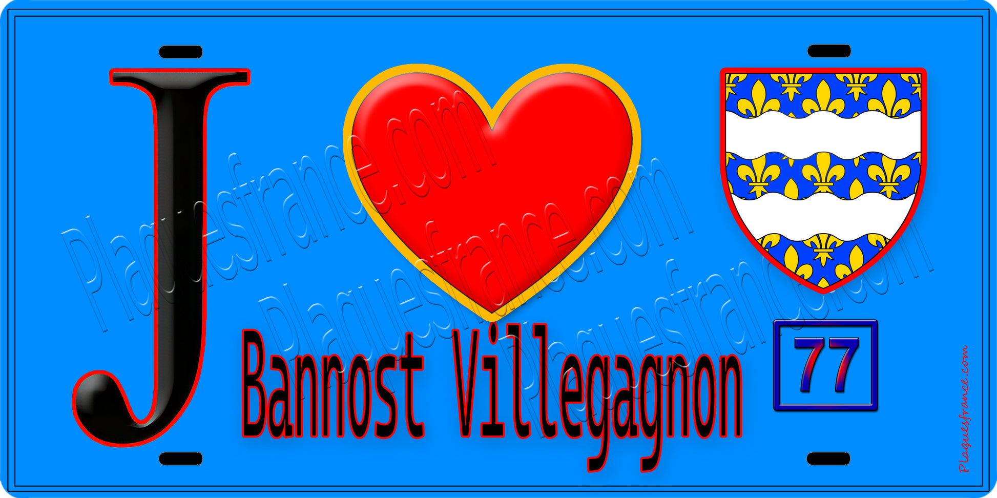 Plaque métal décorative  J' ❤️Bannost-Villegagnon, Seine et Mrne (77) fond bleu