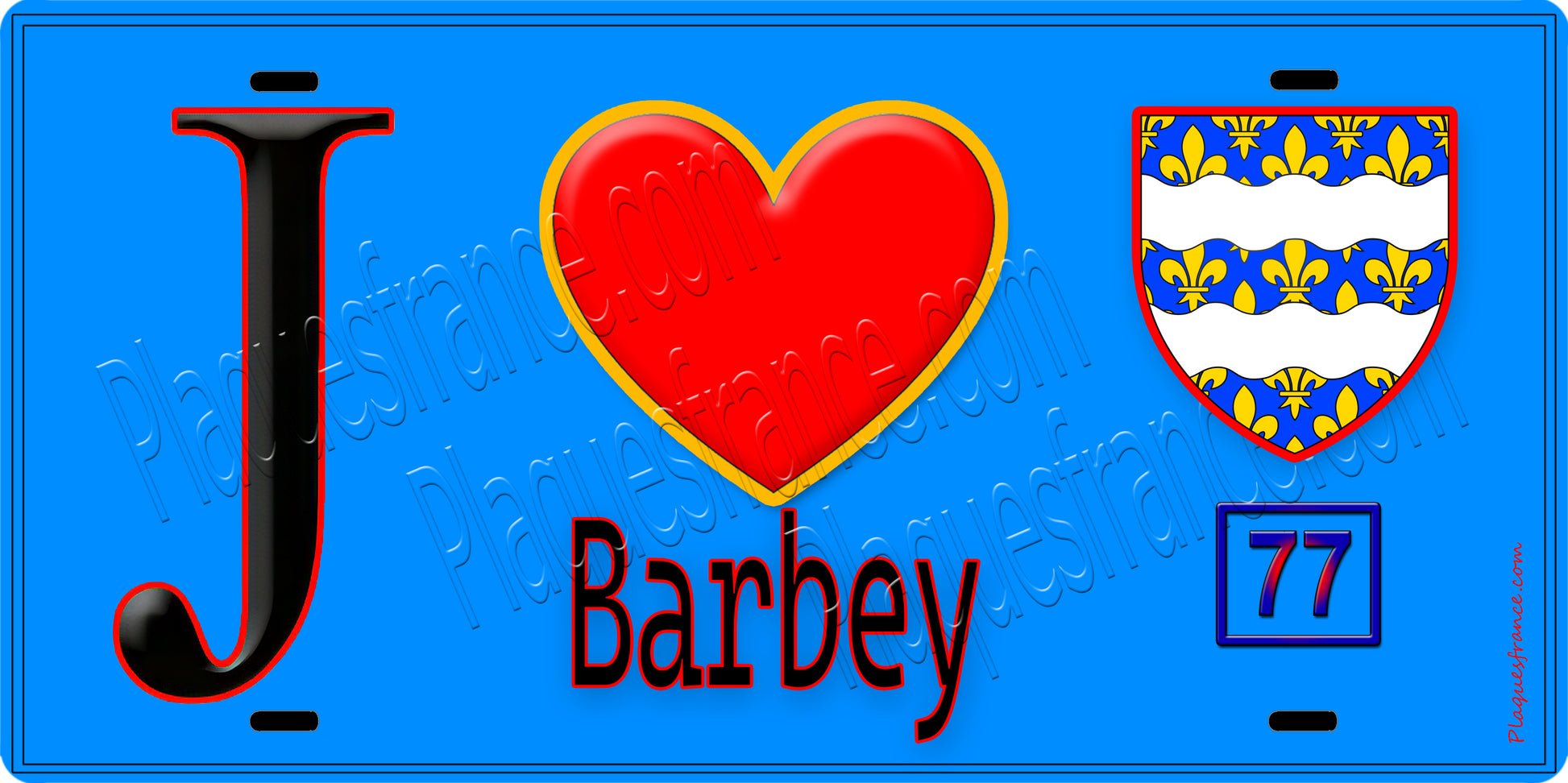 Plaque métal décorative  J' ❤️Barbey, Seine et Mrne (77) fond bleu