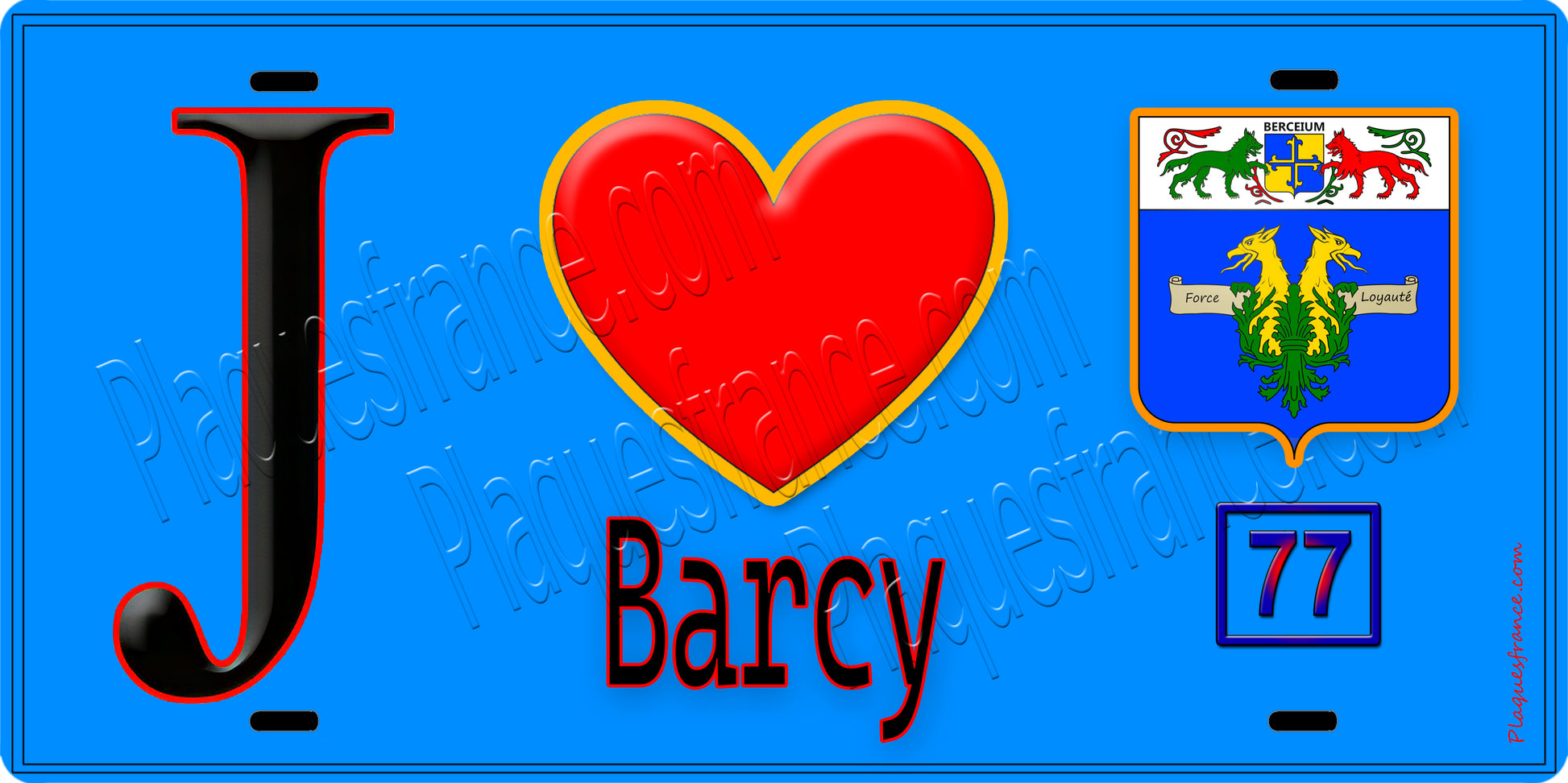 Plaque métal décorative  J' ❤️Barcy, Seine et Mrne (77) fond bleu