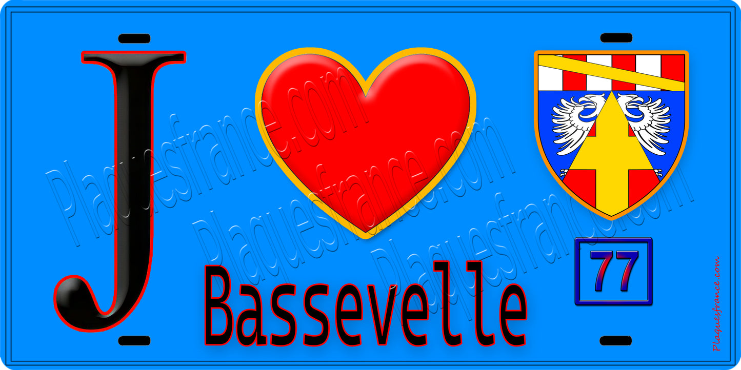 Plaque métal décorative  J' ❤️Bassevelle, Seine et Mrne (77) fond bleu