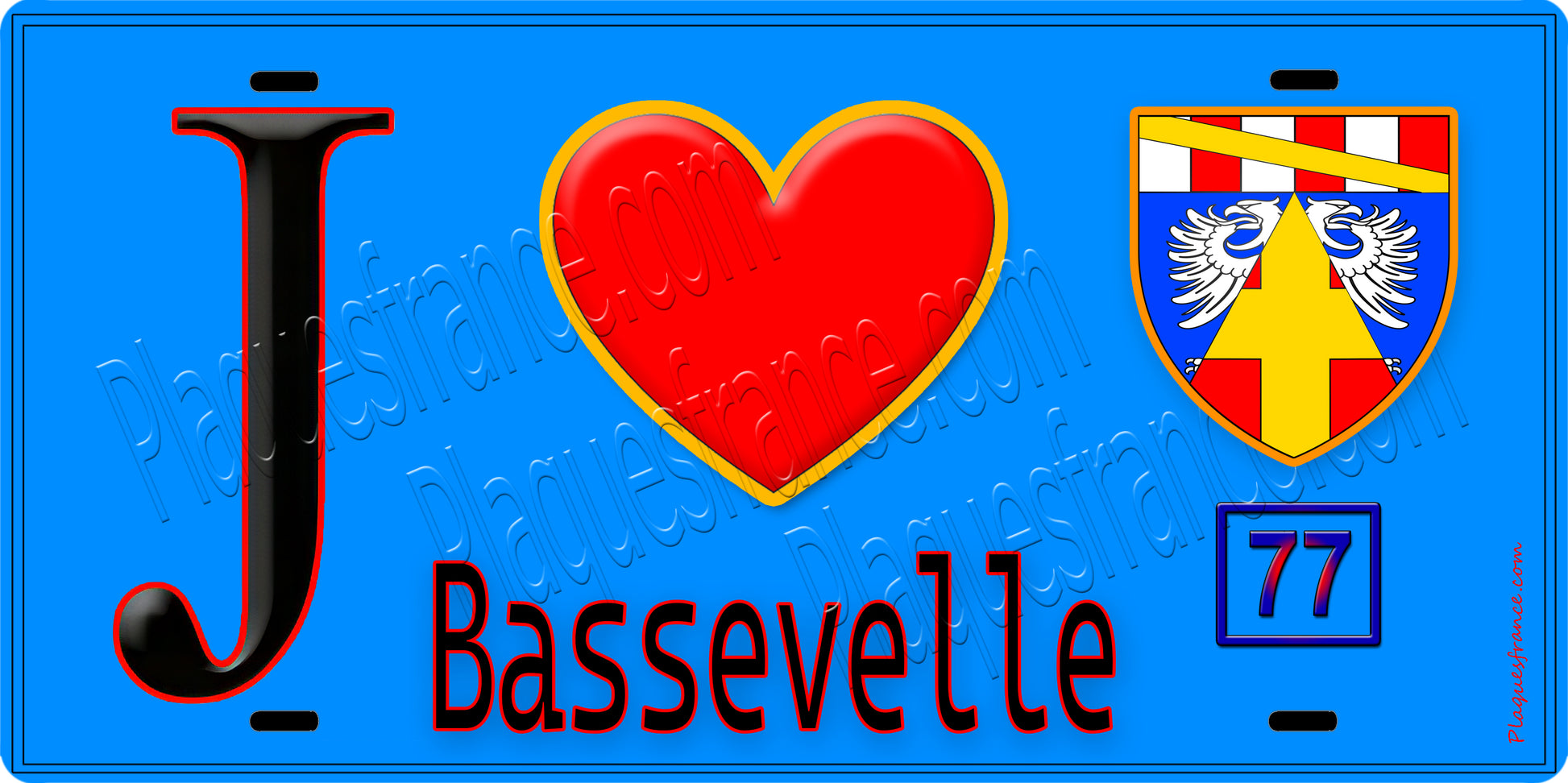 Plaque métal décorative  J' ❤️Bassevelle, Seine et Mrne (77) fond bleu